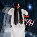 Halloween Decorations Outdoor, Scary Hanging Swinging Girl Props Sound & Slap Activated with Creepy Sound Expressions Light Up Eyes, Halloween Outside Ghosts for Haunted House Yard Lawn Decor