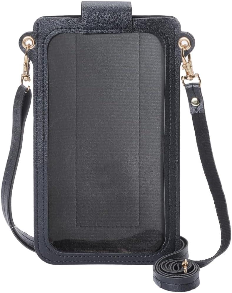 Touchscreen Phone Purse PU Leather Black Crossbody Bags Touch Screen Cell Phone Wallet with Clear Window Credit Card Slots Shoulder Bags for Women Ladies Travel Shopping 7.6x4.9 Inch