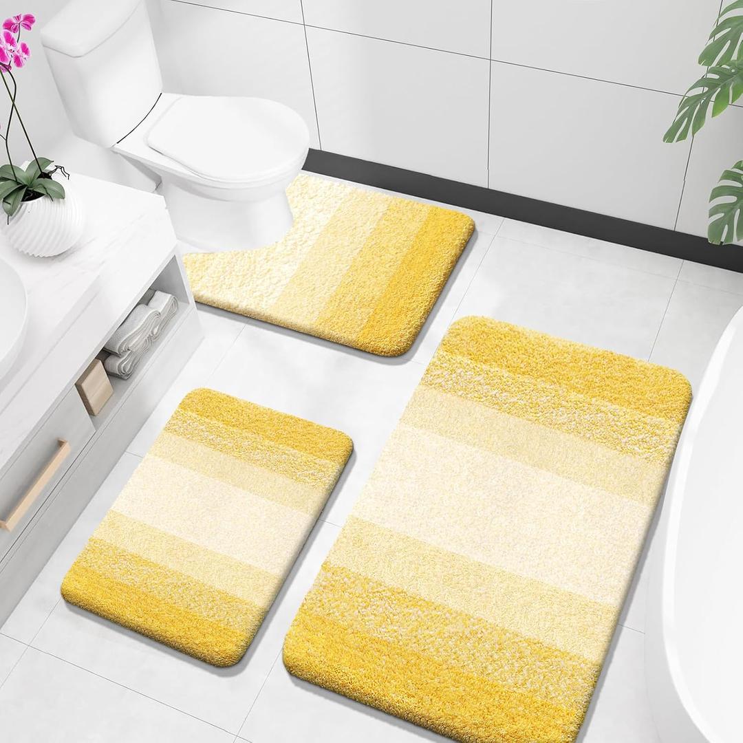 OLANLY Bathroom Rugs Sets 3 Piece, Soft Absorbent Microfiber Bath Mats and U-Shaped Contour Toilet Rug, Plush Shaggy Bath Mat Set for Bathroom (36"x24"+24"x16"+24"x20", Yellow)