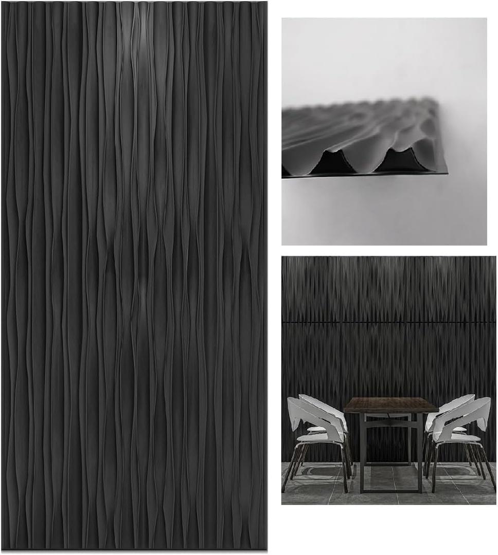 Art3d 46.2 SF Large 3D Wall Panels for Interior Dcor, PVC Textured Wavy Wall Panels for Living Room, Bedroom and Office, Pack of 6 (47.2"23.6"), Black