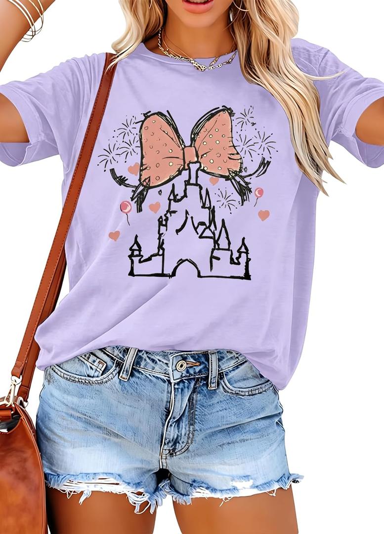 Women Magic Kingdom Shirt Castle Graphic Shirts Casual Family Vacation Holiday T Shirt Cute Short Sleeve Tee Top (X-Large, Purple)