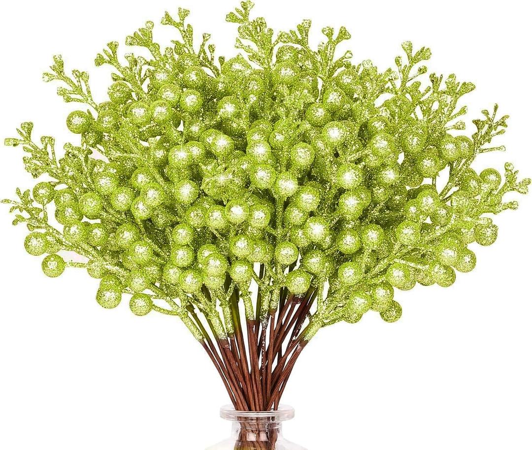 HOHOTIME 36Pcs Christmas Glitter Berries Stems, Light Avocado Green 9.5 Inch Artificial Christmas Tree Picks for Christmas Tree Decorations Ornaments DIY Crafts Vases Holiday Wedding Home Xmas Decor