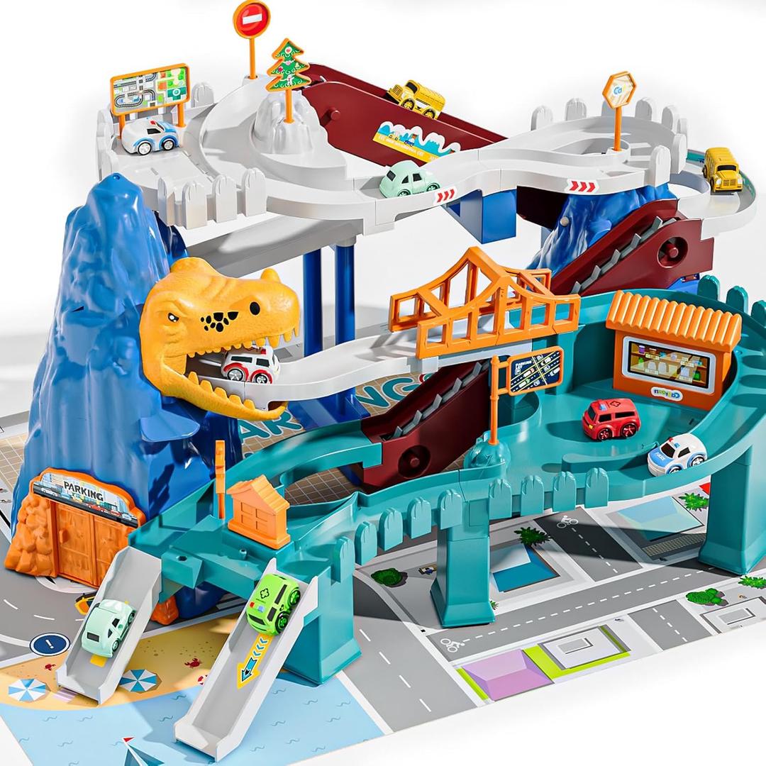 Toy Car Ramp Track Dinosaur Climbing Hills - 10 Mini Racer Cars Colorful Construction Play Set for Preschool Gifts Kids Ages 3+