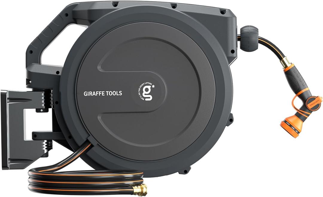 Giraffe Tools PRO Heavy Duty Retractable Garden Hose Reel - 78ft 1/2 Inch Auto Rewind with Any-Length Lock, Wall Mounted Metal Bracket, Commercial Grade for Patio & Lawn (Dark Grey)