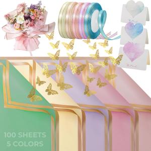 Atarvana 100 Sheets Flower Wrapping Paper (Luxurious Color) with 5 Rolls Flower Ribbons,36pcs 3D Diamond Butterflies, 40pcs Cards for Floral Wrapping Packaging
