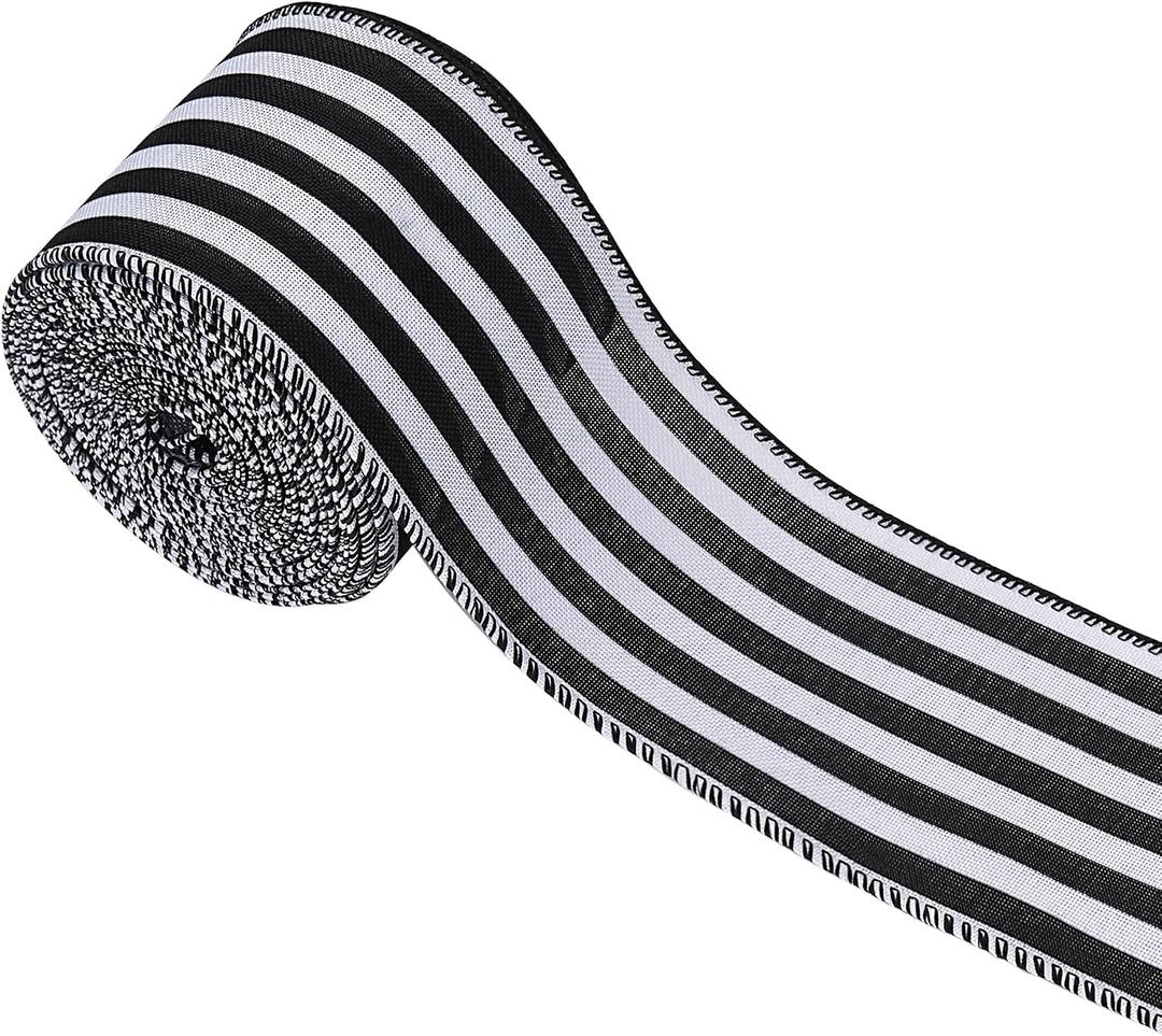 Black White Stripe Wired Ribbon Decorations for Christmas Tree, Xmas Striped Ribbon for Gift Wrapping DIY Crafts Farmhouse Home Garland Wreath Party Decor, 2.5" x 10 Yard x 1 Roll