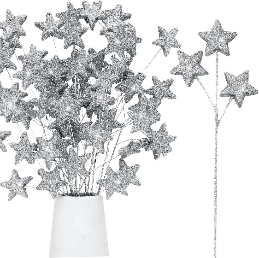 24 Pcs Glitter Star Picks 14.5 Inch Sparkly Star Stem Christmas Star Tree Picks Twinkle Star Sticks Foam Vase Decoration for Christmas Birthday Party Wedding Centerpieces(Silver)