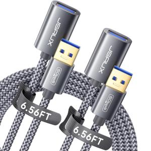 JSAUX 2Pack 6.56FT + 6.56FT USB 3.0 Extension Cable, Type A Male to Female USB Extender Cord Nylon Braided Compatible with Webcam, Camera, Phone, USB hub, Mouse, Keyboard, Printer, Hard Drive - Grey