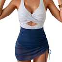 B2prity Women Mesh One Piece Swimdress Swimsuit Tummy Control V Neck Cutout Bathing Suit Wrap Drawstring Sarong Swimwear, Large