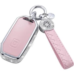 for Kia Key Fob Cover with Keychain, Pink Leather Crystal Key Case Protection Shell Compatible with Cerato Ceed Forte NIRO Sorento Seltos Sportage Soul Telluride