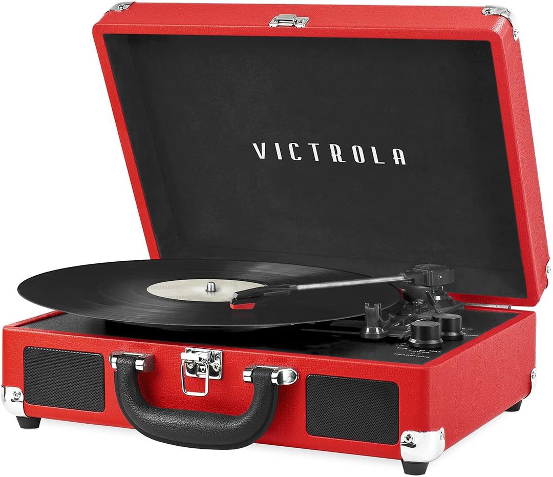 Victrola Journey Bluetooth Portable Suitcase Record Player  with Built-in Speakers, 3 Speed Vinyl Record Player, RCA Out, Headphone Jack (Red)
