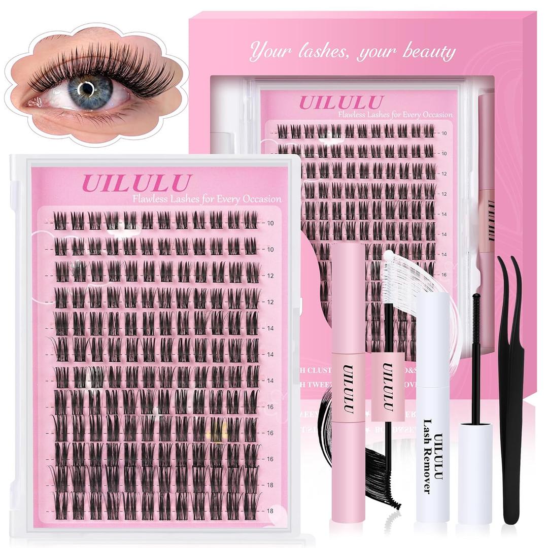 Uilulu Lash Cluster kit 10-18mm DIY Lash Extension Kit 144 D Curl Wispy Clusters Lashes 0.07D Individual Lashes Clusters False Eyelashes Set Eye Lash Kits Extensions Kit Fake Eye Lash(U15 Lash Kit)