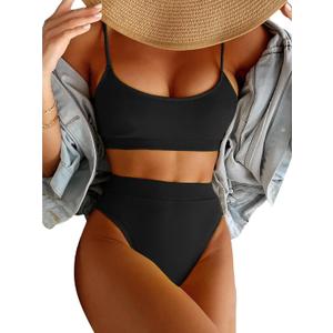 Lilosy High Waisted Tummy Control Ribbed Bikini Crop Top Brazilian Swimsuit Set 2 Piece (Large, Smooth Black)