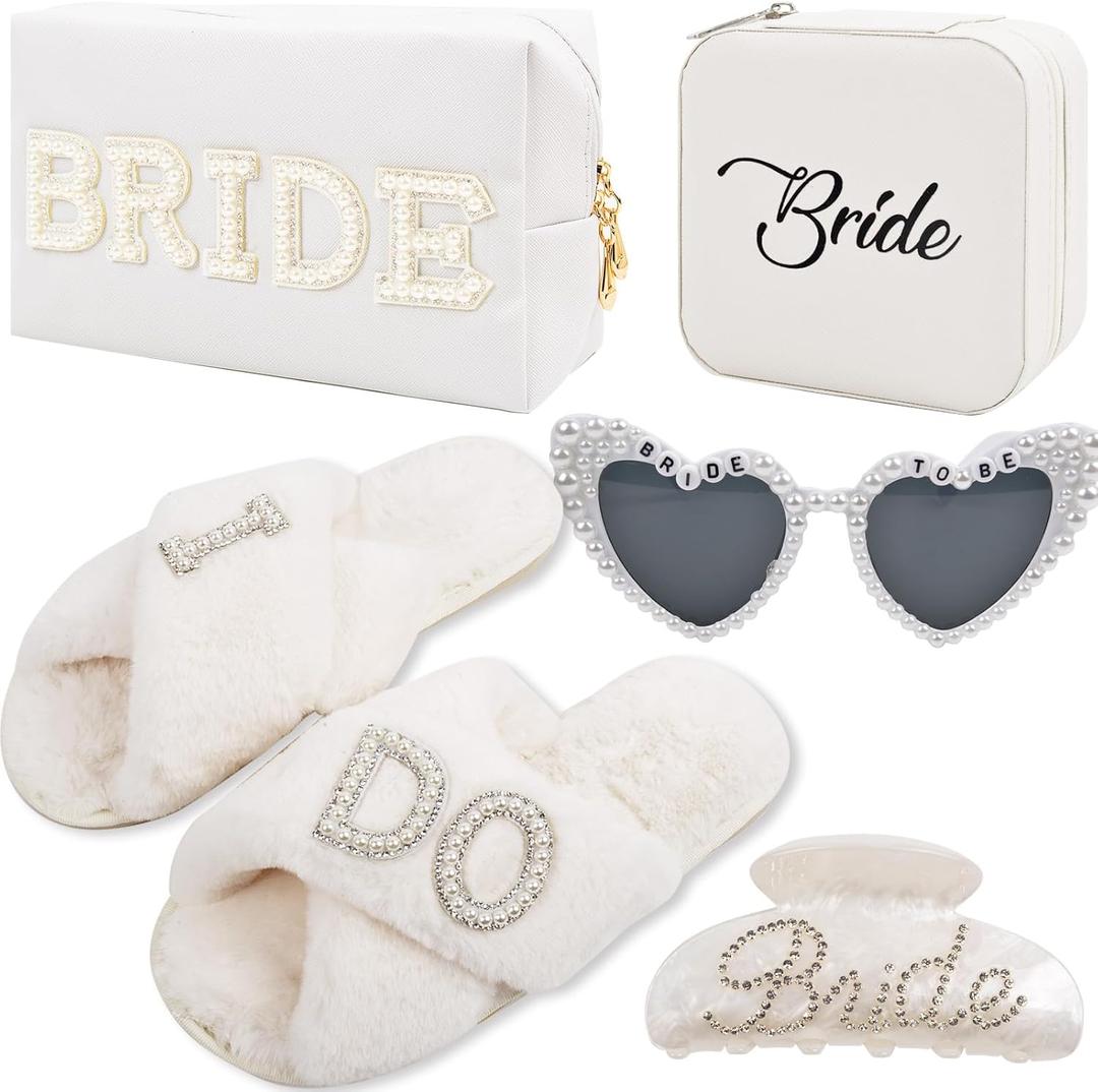 Bridal Shower Gifts for Bride - 5 Pcs Bride to Be Gift Set, I DO Slippers, Makeup Bag, Heart Sunglasses, Jewelry Box, Hair Clip, Cool Bachelorette Engagement Wedding Day Party Accessories for Her