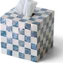 CHI AN HOME 5.7" Square Tissue Box Cover, Handmade Checkered Cube Tissue Box Cover with Capiz Shells, Decorative Tissue Holder for Living Room, Bathroom, Bedroom or Office (Navy Blue)