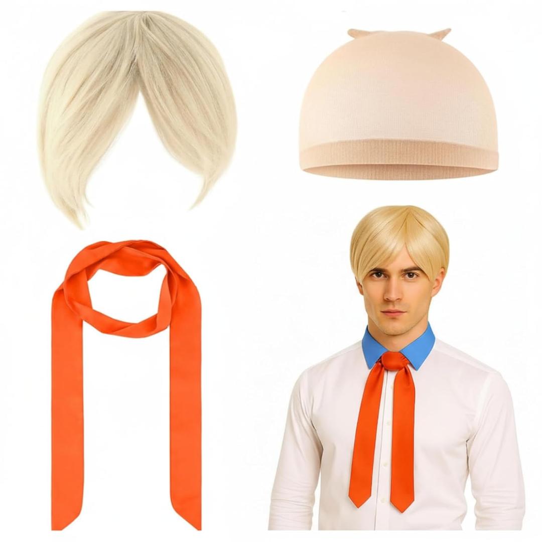 Jecery 3 Pcs Halloween Cosplay Costume Accessories Set Include Blonde Short Straight Wig Orange Square Scarf Mesh Wig Cap Net for Man Adult Dress up