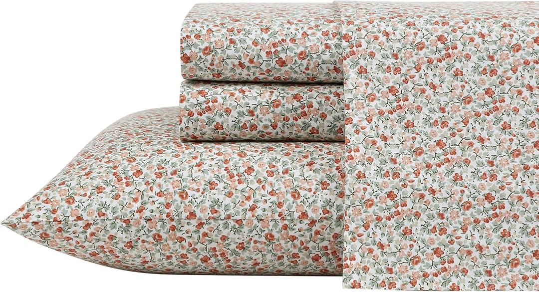 Laura Ashley - Twin Sheets, Cotton Percale Bedding Set, Lightweight & Breathable Home Decor (Emogene Burnt Orange, Twin)