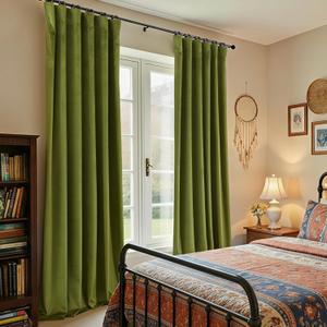 KOUFALL Green Velvet Blackout Curtains 84 Inch Long, Vintage Boho Eclectic Curtain for Bedroom, Retro Moss Light Olive Lime Bohemian Cottage Core Curtains for Living Room 2 Panels Set