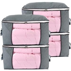 combocube Comforter Storage Bag, Zippered Bag with Large Clear Window and Carry Handles, Space Saver Organizers for Closet, Blanket, Pillow, Quilt, Bedding, Clothes (4Pcs Grey Large)