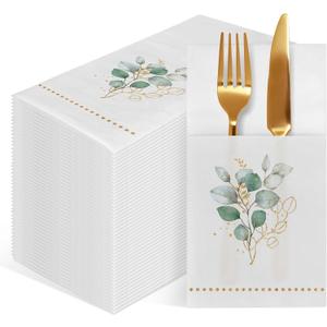 Disposable Linen-Feel Dinner Napkin with Built-in Flatware Pocket, 50 Pack Prefolded Paper Napkins for Silverware Elegant Guest Hand Towels for Wedding Birthday Party Baby Shower Supplies