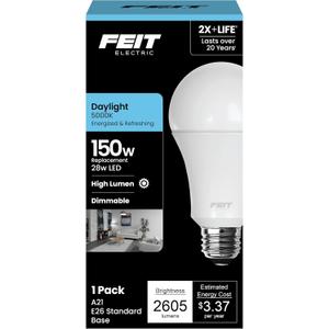 Feit Electric A21 LED Light Bulb, 150W Equivalent, Dimmable, 2605 Lumens, E26 Standard Base, 5000K Daylight, 80 CRI, High Output LED Light Bulb, Damp Rated, 25,000-Hour Lifetime, OM150DM/850/LED