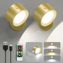 Lightbiz LED Wall Lights 2 Pcs with Remote, Wall Sconces Lamp Rechargeable Battery Operated, 3 Color Temperatures & Dimmable Magnetic 360° Rotation Cordless for Bedroom Bedside (Gold)