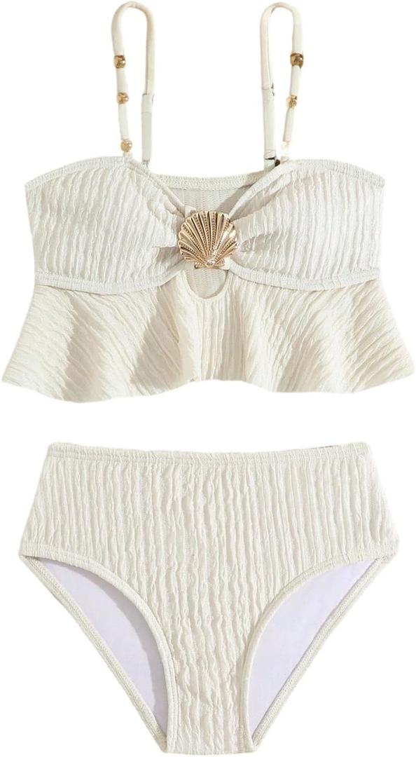 OYOANGLE Girl's Two Piece Metallic Shell Bikini Sets Cut Out Ruffle Top High Waist Hipster Swimsuit (Beige, 11Y)