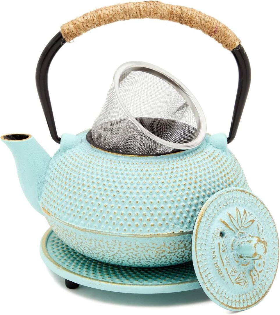 Juvale Cast Iron Tea Kettle with Infuser - Green, 18 oz/500 ml, 3-Piece Set - Teapot for Brewing Loose Leaf Tea - Stovetop Safe Tetsubin Set with Trivet