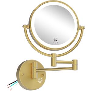 8" Hardwired Brass Wall Mount Makeup Mirror with Lights and Magnification 1X/5X, Double Sided 3-Colors LED Touch Control Extended Arm 360 Rotation Cosmetic Mirror for Bathroom Brushed Gold