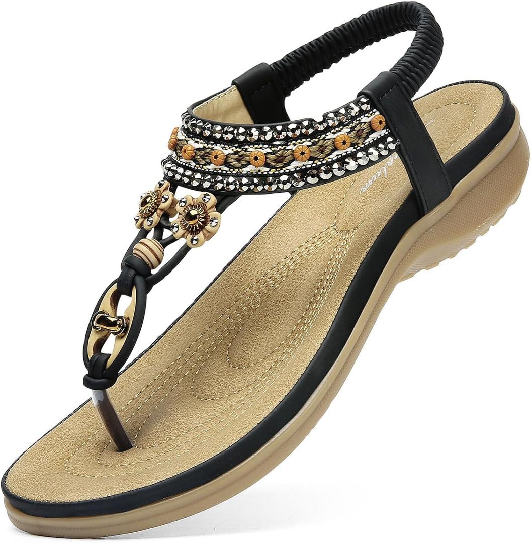 Littleplum Womens Sandals Arch Support Summer Beach Sandals Comfort Walking Shoes Bohemian Flip Flops Sandals for Women (9, Elegance Black)
