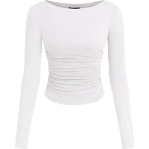 PRETTYGARDEN Long Sleeve Shirts for Women 2026 Fall Ruched Sides Boat Neck Basic Tee Casual Fitted Ribbed Knit Crop Tops Small