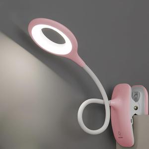 Clip On Reading Light, USB Rechargeable Desk Lamp for Dorm Room Essential, Clip On Light, 3 Color Touch Dimmable, Eye Protect, Pink