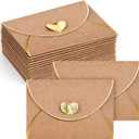 JOHOUSE 50PCS Mini Gift Card Envelopes, 4 x 3 Inch Brown Gift Card Holders with Gold Border & Heart Clasp, for Valentine's Day Gifts, Thank You Cards, Wedding, Birthday, Business Cards