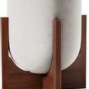 12 Inch Plant Pot with Acacia Wood Stand, Ceramic Large Planters for Indoor Plants, Indoor Pots for Plants Office Living Room, Cylinder Planter with Drainage Hole and Plug, Neutral Gray