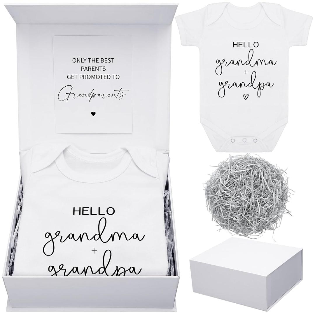 4 Pcs Pregnancy Announcement for Grandparents, Hello Grandpa Grandma Baby Bodysuit, Hello Grandparents Pregnancy Reveal Card Baby Reveal Gift Box Baby Announcement Gifts Set for Grandparents