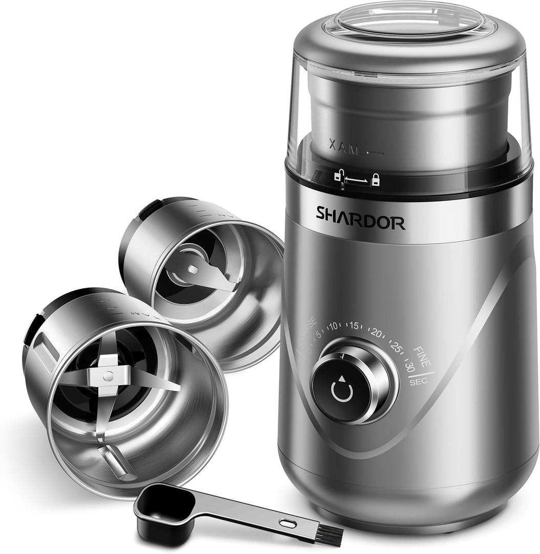 SHARDOR Electric Super Silent Blade Coffee Grinder, Timed Grind Control Rotary Knob, Adjustable Coarse to Fine for Coffee Beans, Spices & Herbs, with 2 Removable Stainless Steel Bowl, Silver (Sliver)