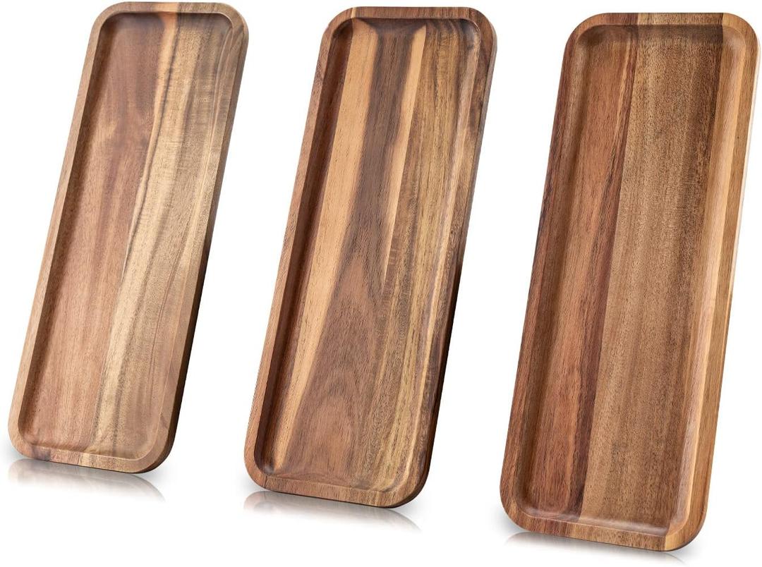 Set of 3 Solid Acacia Wood Serving Trays(14.5 x 5.5 inches) Rectangular Wooden Serving Platters for Dessert, Food, Vegetables, Fruit, Charcuterie, Appetizer Serving Tray, Cookie Platter Cheese Board (14.5" *3pcs)