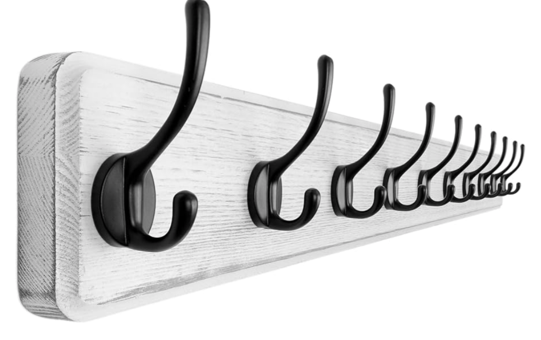 Dseap Coat Rack Wall Mount: 38-1/4" Long, Patented, Heavy-Duty, 10-Double-Hooks Wooden Hanger Rail for Winter Coats Hat Jacket Clothing, White & Black