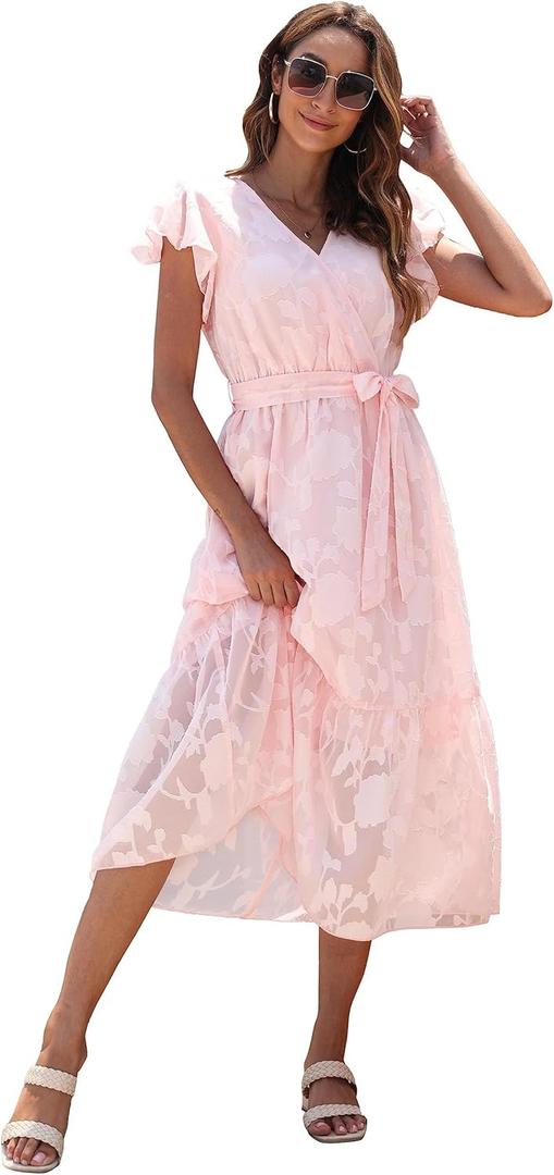 VintageClothing Women's Floral Summer Dress Wrap V Neck Ruffle Midi Dress, XL