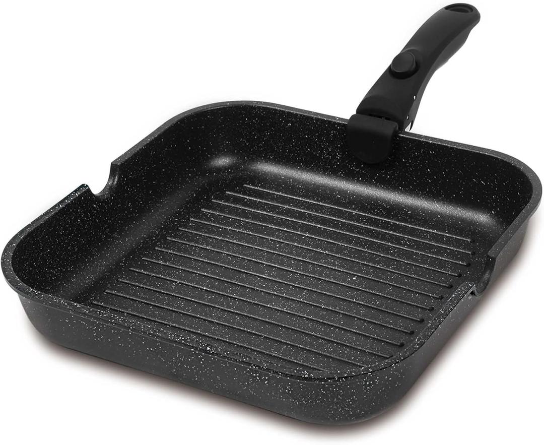 ESLITE LIFE 11 Inch Large Square Grill Pan, Induction Compatible Nonstick Steak Grill Pan with Detachable Handle, Versatile Skillet for Indoor Cooking, PTFE & PFOA Free, Black