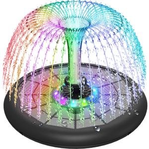 Solar Fountain UFO Style, 2025 Upgrade 5W Glass Panel Solar Water Fountain, Outdoor Solar Bird Bath Fountains with 4000mAh Battery, Color Led Lights, 7 Nozzles for Garden, Pool, and Koi Pond