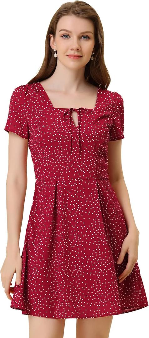 Allegra K Women's Printed Casual Square Neck Short Sleeve Fit and Flare Dress Large Red-Dotted