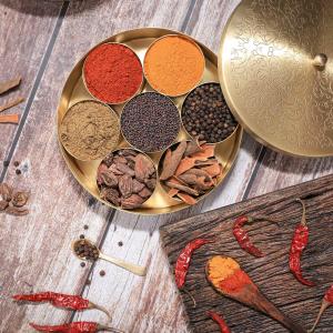 Brass Indian Spice Box, Brass masala Dabba, Brass Spice Box with 7 container & Spoon, Authentic Spices, Masala Box with Individual containers | Size 8 x 8 x 2 IN (Indian Spice Box Only)