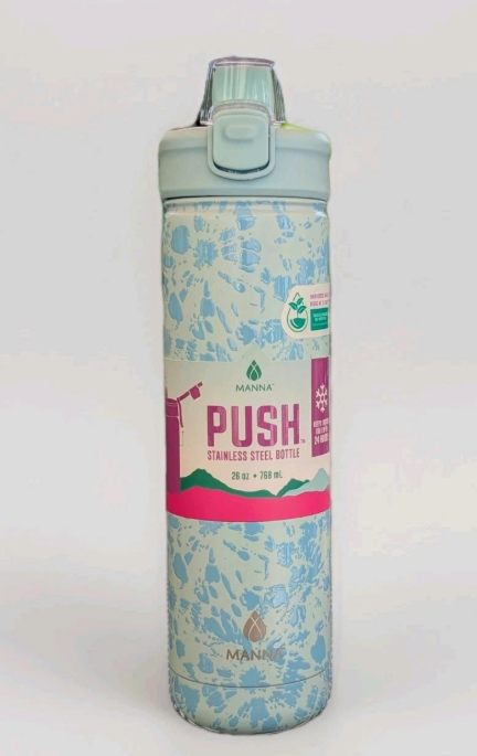 Manna Push Stainless Steel Bottle, 28 oz (768 ml), in a light blue patterned design.