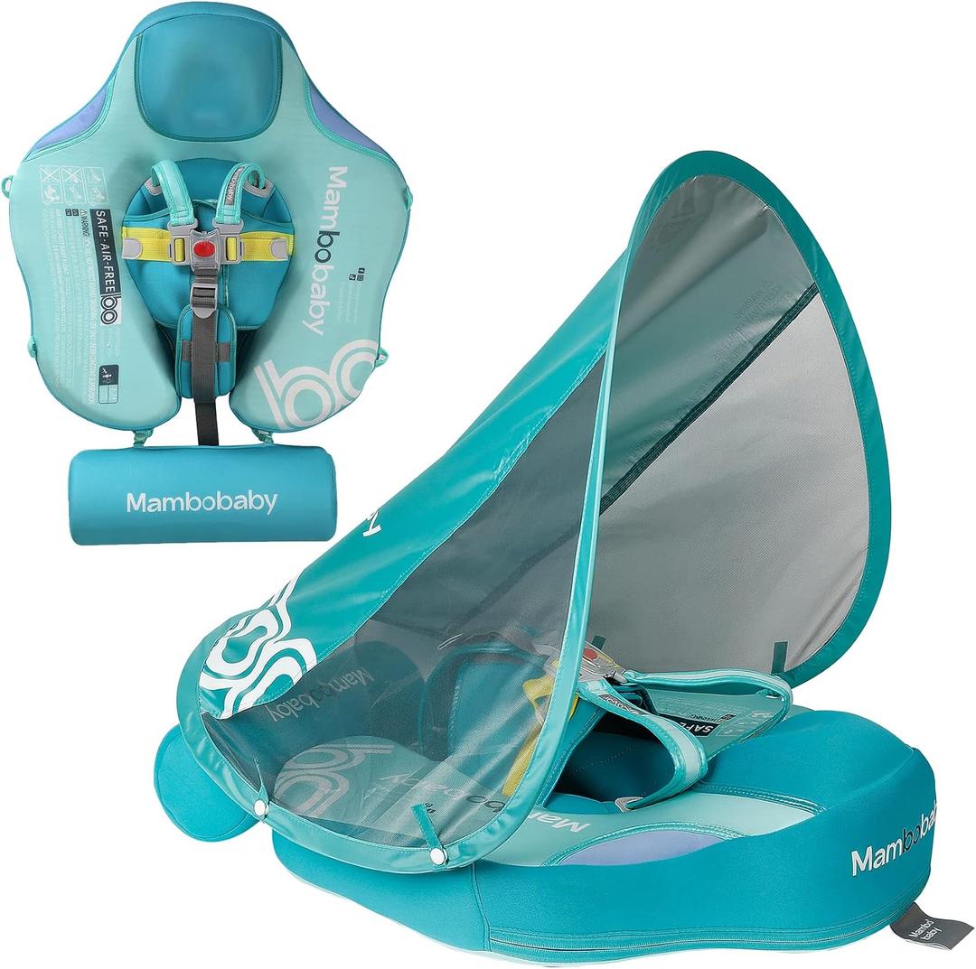 Mambobaby Float Baby Float with Canopy & Tail Non-Inflatable Infant Pool Floats Adjustable Safety Strap Toddler Swim Trainer (Green), Large For 3-24 months babies