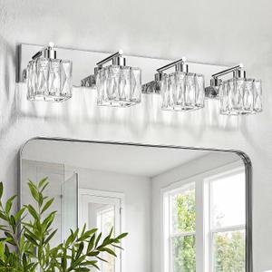 VOLISUN Chrome Bathroom Light Fixtures, Modern Stainless Steel Bathroom Lighting Fixtures Over Mirror, 4 Light Bathrooms Vanity Light, Crystal Vanity Light for Bathrooms-UL Certificated(Exclude Bulb)