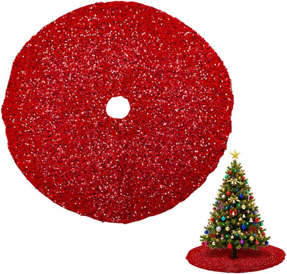 MAYJOYDIY Red Christmas Tree Skirt 30.7 inch Diameter Sparkling Sequin Polyester Xmas Tree Mat Glittery Tree Skirts, for Christmas Holiday Party Decorations