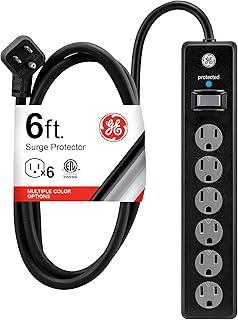 GE Surge Protector Power Strip, 6 Ft Extension Cord, 6 Outlet Extender, 800 Joules, Flat Plug, Twist-to-Close Safety Covers, ETL Listed, Black, 33661