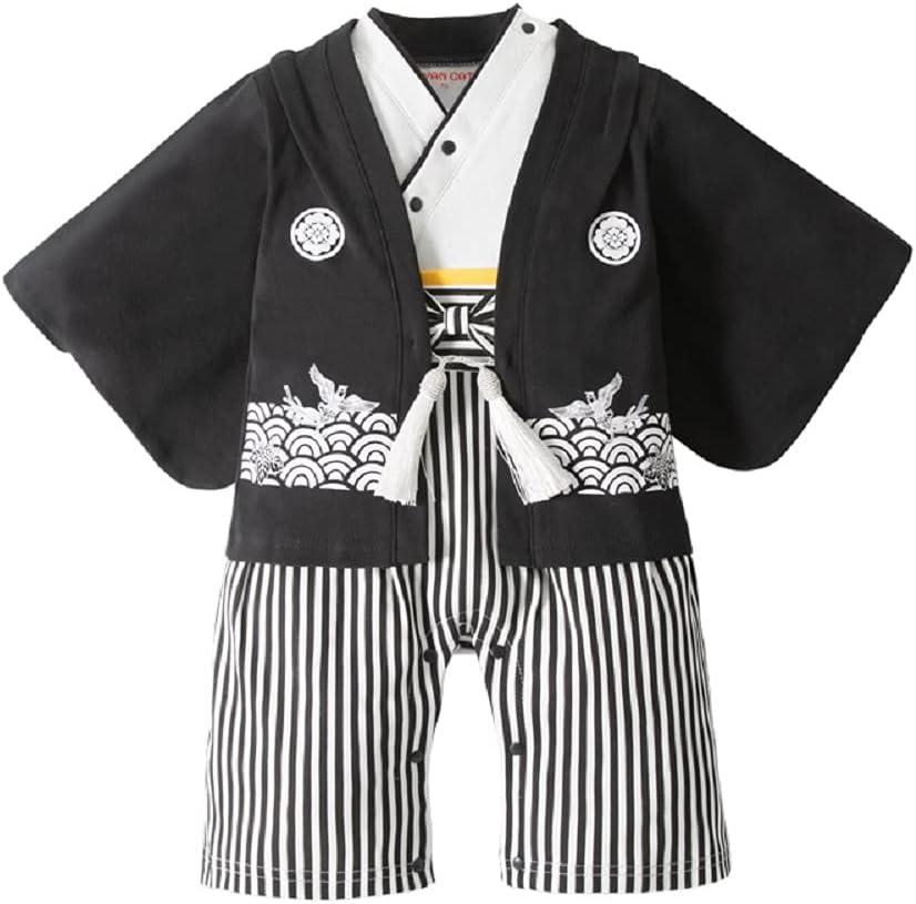 Baby Boy Kimono Romper Suit Japanese Costumes Infant Cotton Samurai Outfits (2-3T, Black White)