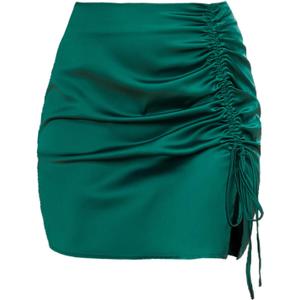 ZAFUL Women Satin Mini Skirts Sexy High Waisted Ruched Silk Bodycon Split Zipper Short Skirt (Green, XL) 